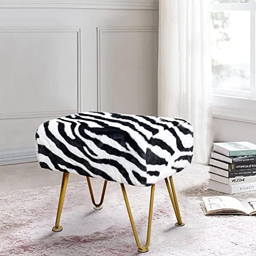 Zebra-Print Rectangle Faux Fur Ottoman 19"x13"x17" Soft Fuzzy Entryway Bench Seat Sturdy Accent Coffee Table for Living Room Makeup Vanity Stool with Golden Legs for Bedroom Closet Foot Rest