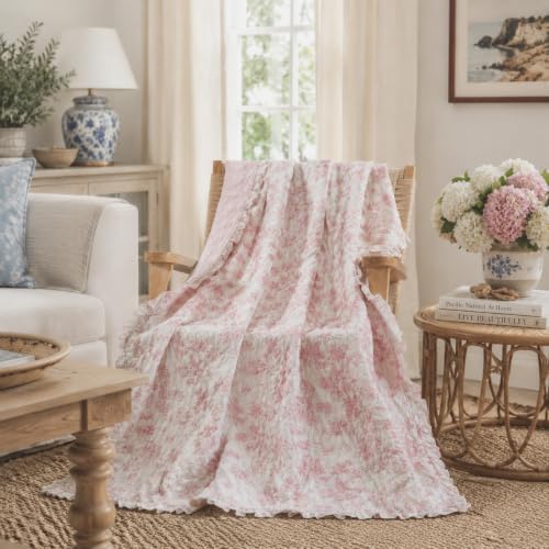 Brandream Pink Toile Quilted Throw Blanket 47" x 60" Cozy Cotton Decorative Blanket French Country Cottage Floral Quilt Throw for Bed Couch Sofa Daybed All-Season Coverlet