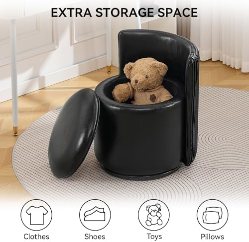 WUTUTUEE Faux Leather Vanity Chair with Storage, 360° Swivel Makeup Chair with Pleated Back, No Assembly Small PU Accent Stool for Bedroom, Dressing Room, Living Room, Black