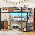Itaar Stairway Twin Size Loft Bed with L Shaped Desk and Wardrobe, Metal Loft Bed Frame with Storage Stairs, 3 Fabric Drawers, LED Lights & Charging Sation (Rustic Brown, Twin)