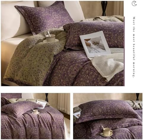Jacquard Flower Duvet Cover Twin,Purple Green Floral Duvet Cover Set Yarn-Dyed Cotton Boho Medallion Bedding Set,Retro Reversible Duvet Cover with Zipper Ties