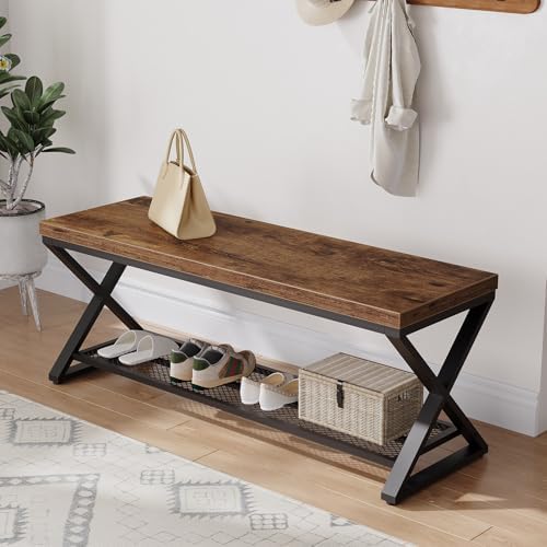 LVB Rustic Brown Entryway Bench, 47” Industrial Shoe Bench with Storage