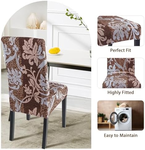 SearchI Dining Room Chair Covers Set of 6, Stretch Printed Parsons Chair Slipcovers Removable Washable Kitchen Chair Protector Cover for Dining Room, Hotel, Ceremony (Brown+Flower)