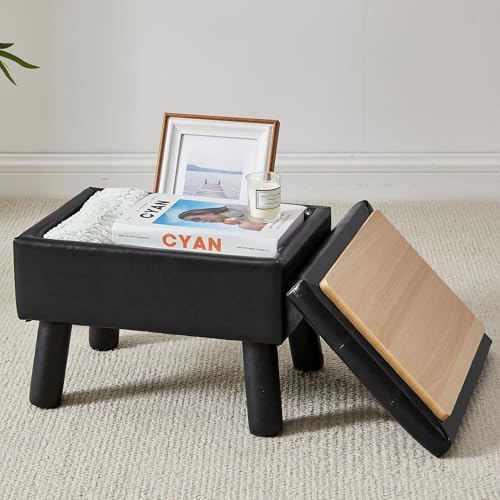 Storage Ottoman, Small Foot Stool Ottoman with Storage, Faux Leather Foot Rest with Wood Legs, Footstool for Living Room, Bedroom, Entryway, Black