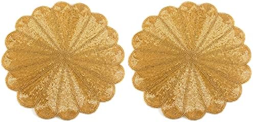 CLEENTABLE Gold Round Beaded Placemats, 13in Glass Bead Table Mats, 2-Pack