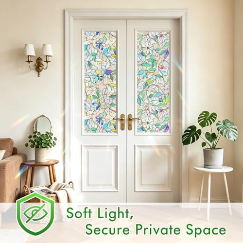 SOMWISE Rainbow Stained Glass Window Privacy Film,Heat Blocking Decor Cling
