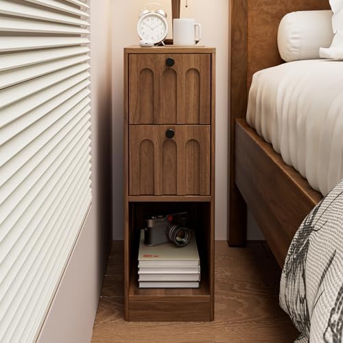 Narrow Walnut Nightstand with Arched Drawer, Small Bedside Table, Wood Slim Nightstand, Skinny Side End Table, Mid Century Modern Night Stand for Bedroom, Small Spaces, Vintage, 1 Pc
