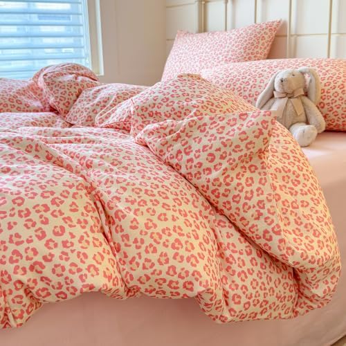 mixinni Pink Leopard Print Duvet Cover Set Queen Size, 3PCs Cute Aesthetic Cheetah Animal Bedding Set, 100% Cotton Double Gauze Soft Retro Cream Leopard Duvet Cover with 2 Pillowcases for Girls Women