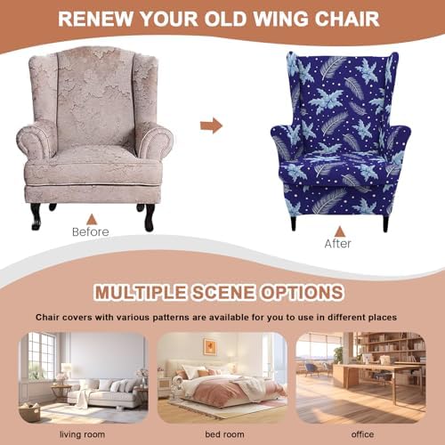HAOYONG 2 Piece Wingback Chair Covers Stretch Wing Chair Slipcover Printed Wing Back Chair Covers with Arms Washable Spandex Fabric Armchair Cover Protection Furniture for Living Room and Bedroom