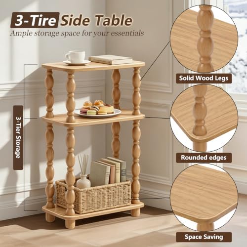 3-Tier Small Side Table, Narrow End Table, Natural Wood