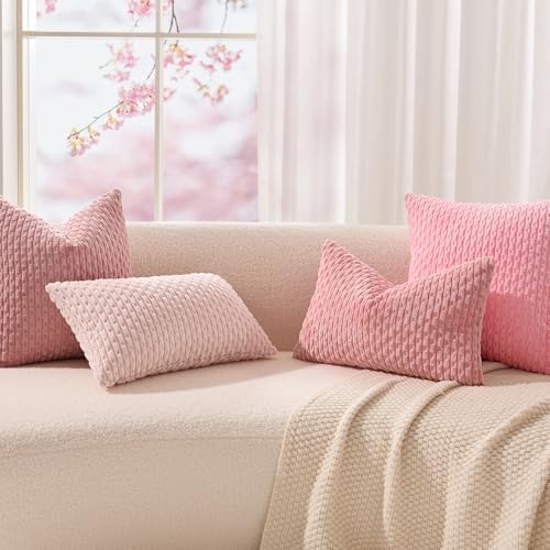 Kevin Textile Soft Corduroy 18x18 Inch Pillow Covers 2 Pack, Dark Pink