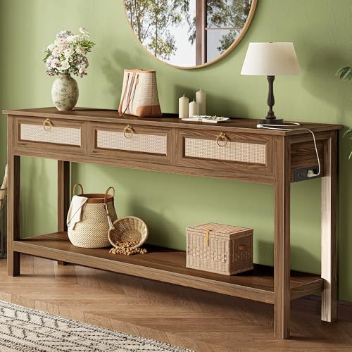 SUPERJARE Rattan Console Sofa Table with Outlets, USB-C Port and 3 Drawers