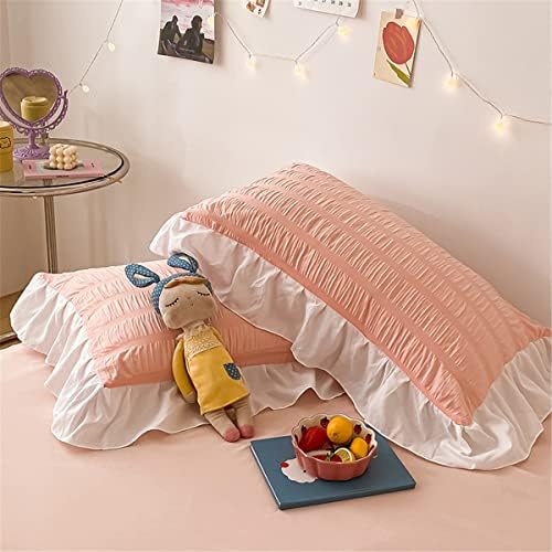 Girls Pink Ruffled Bedding-3 Pieces Queen Seersucker Duvet Cover Textured Stripe Style, Soft Lightweight, Washed Microfiber, Zipper Closure and Ties