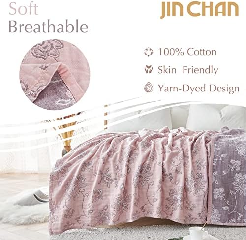 jinchan 100% Cotton Muslin Blanket Twin Boho Throw Blanket 60x80 Pink Multi