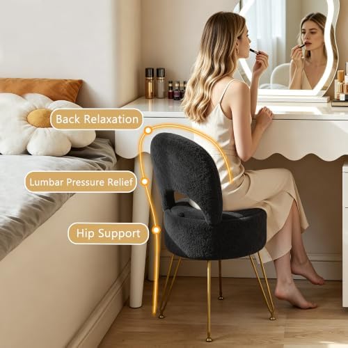 LITZFUR Round Vanity Stool with Storage & Folding Back, Black Makeup Chair