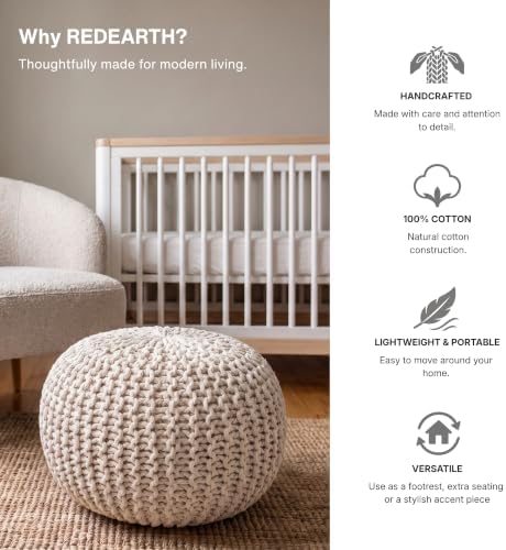 · REDEARTH · Round Pouf Ottoman - Hand Knitted Boho Poof Footrest - Natural