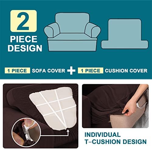 Turquoize T Cushion Chair Slipcover Armchair Slipcover for Living Room Stretch Sofa Couch Cover Soft Armchair Cover Washable Furniture Covers with Individual T Cushion Seat Covers (Chair, Brown)