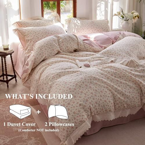 Pink Floral Muslin Duvet Cover Set 3 Pcs,68"×86" Twin Bedding