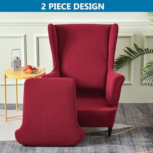 HZDHCLH Waterproof Wingback Chair Slipcovers 2 Piece,Stretch Spandex Wing Chair Covers for Living Room,Washalbe Armchair Sofa Slipovers (Burgundy)