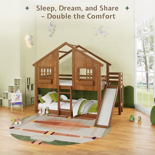 Jocisland Twin Over Twin Bunk Bed with Slide and Ladder, Solid Wood, Oak