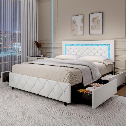 Queen Bed Frame with LED Lights, Upholstered Bed Frame with Storage Drawers