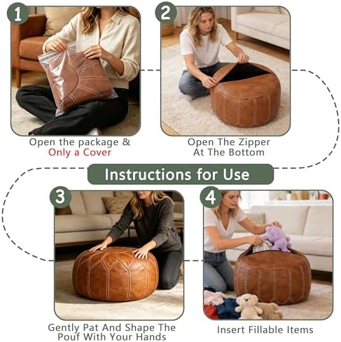 Thgonwid Round Unstuffed Pouf Cover, Faux Leather Storage Ottoman, Boho Moroccan Foot Stool, Multi-Purpose Home Decor for Living Room, Bedroom and Balcony, Brown, No Filling Included