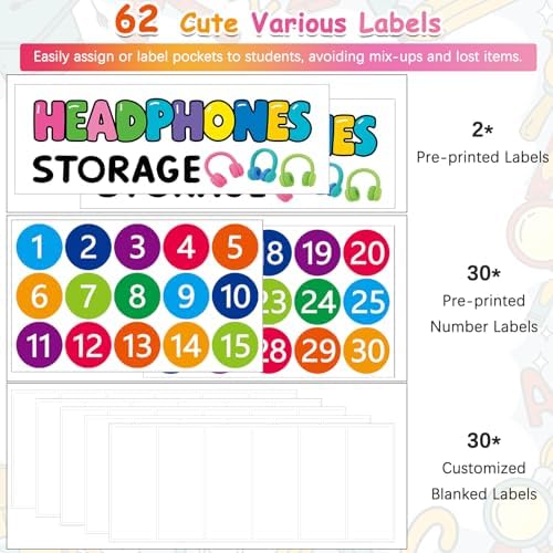 2 Pack Classroom Headphone Storage Organizer with 30 Pockets & 62 Labels