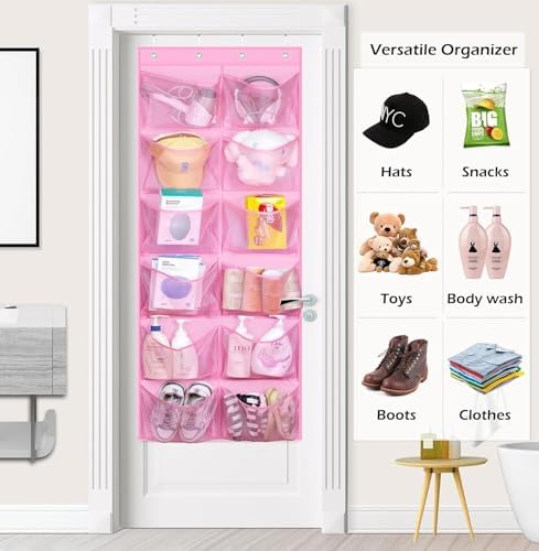 12 Large Mesh Pockets Over the Door Shoe Organizer for Closet Hanging Shoe Rack for Door Sneaker Hanger Boot Storage for Kids, Baby, Toddler, Girl, Pink