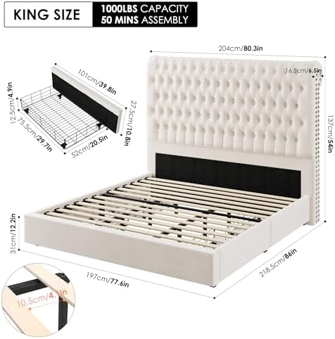 King Size Bed Frame 54" Tall Headboard with Gorgeous Button Tufted and Nail, Velvet Fabric Upholstered Bed Frame includes 4 Under-bed Storage Drawers, Wooden Slats, Noise-Free, Easy Assembly, Beige