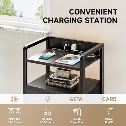 Lazzanto Nightstand with Rear Charging Station, LED Light, 4 Drawers, Black