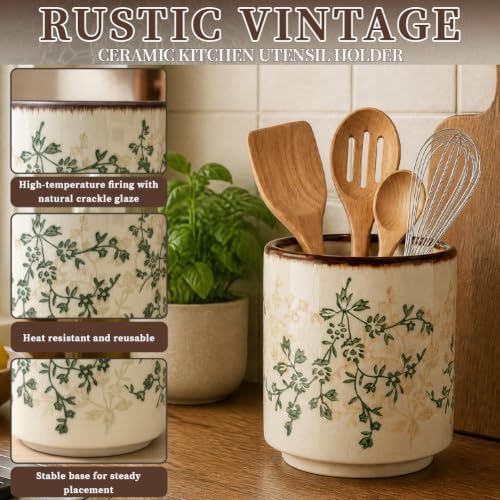 Kitchen Ceramic Utensil Holder 5.5" Rustic Floral Crock Tools Storage