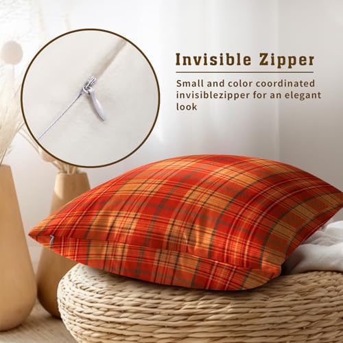 Fall Plaid Throw Pillow Covers 18x18inch Set of 2 Burnt Orange Buffalo Plaid Print Pillowcase Autumn Colored Tartan Thanksgiving Farmhouse Seasonal Decorative Cushion Cases for Home Sofa Patio