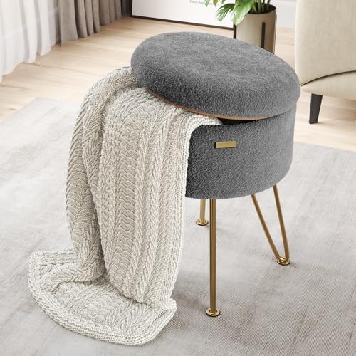 Round Ottoman with Storage, Boucle Storage Ottoman, Foot Stool Ottomans, Makeup Vanity Stool, Small Ottomans Foot Rest, Modern Vanity Stools for Living Room and Bedroom, Grey