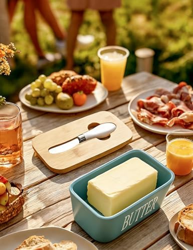 Ceramic Butter Dish with Lid and Knife & Silicone Seal for Countertop Green