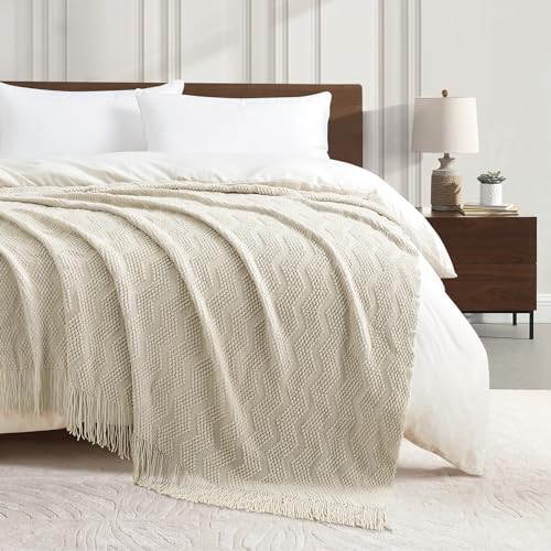 BOURINA Beige Throw Blanket 50x60 Inch Soft Ripple Throw Knitted Blanket