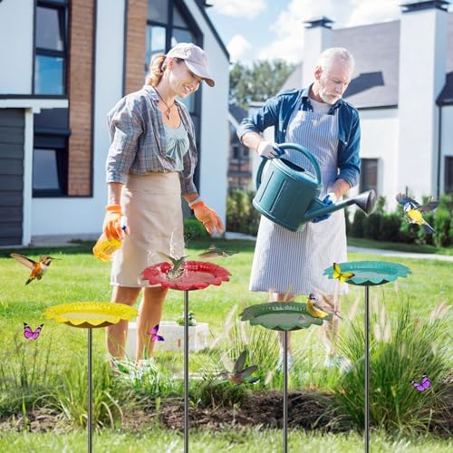 4 PCS Metal Bird Baths for Outdoors, Small Garden Bird Bath with Metal Stake, Hummingbird Feeder for Yard Lawn Decoration (4P-Red Yellow Blue Green)