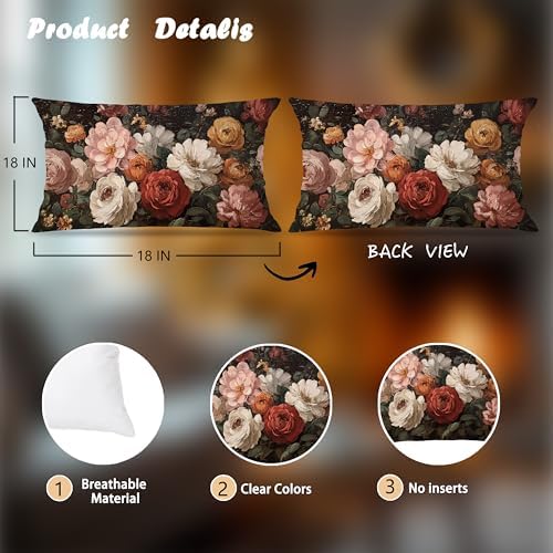Vintage Moody Dark Floral Throw Pillow Covers 12x20,Rustic Farmhouse Decor,Dark Academia Flower Botanical Decorative Throw Pillow Covers for Home Bedroom Living Room Double-Sided