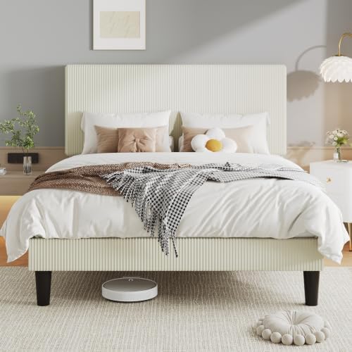 Allewie Full Bed Frame, Corduroy Tufted Headboard, Cream