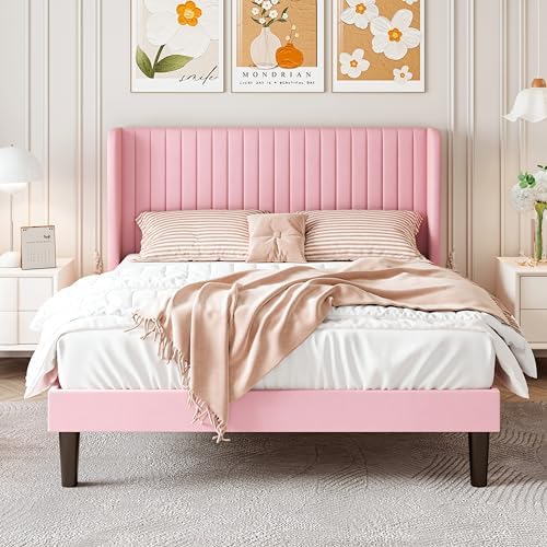 SHA CERLIN Queen Size Velvet Bed Frame, Tufted Wingback Headboard, Pink
