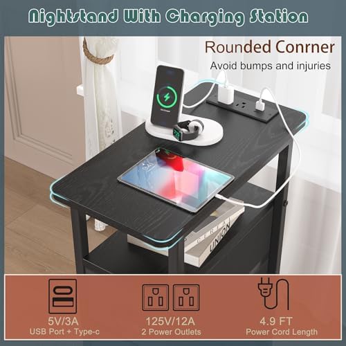 shtmec Narrow End Table Set of 2 with Charging Station, LED Side Tables Set 2 with Fabric Drawers, Small Bedside Tables Nightstands for Small Space, Slim Sofa Couch Table for Livingroom,Black