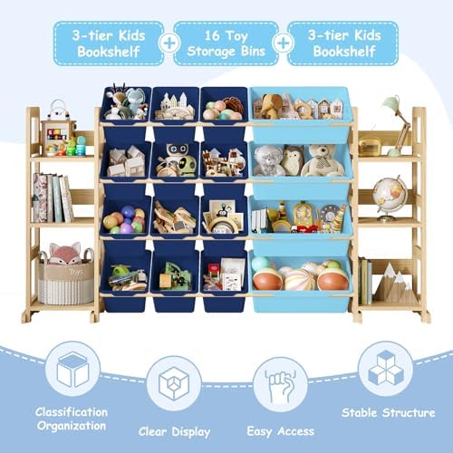 EXPERLAM Extra Large Toy Storage - Toy Storage Organizer, Wooden Toy Organizer with 6 Side Shelves and 16 Bins, 3-in-1 Bookshelf for Kids Rooms, Playroom, Nursery, Blue