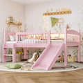 Bellemave Twin XL Loft Bed with Slide and Ladders, Solid Wood Low Loft Bed with Storage Shelves and LED Lights, Loftbed Frame for Kids, Boys, Girls, Childlike and No Box Spring Needed Design, Pink