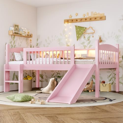 Bellemave Twin XL Loft Bed with Slide and Ladders, Solid Wood Low Loft Bed with Storage Shelves and LED Lights, Loftbed Frame for Kids, Boys, Girls, Childlike and No Box Spring Needed Design, Pink