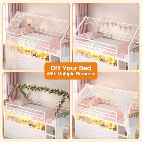 Low Loft Bed Twin Size with 8 Storage Drawers, LED House Loft Bed
