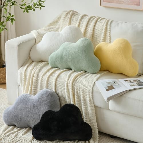 Cloud Pillows, Decorative Throw Pillow with Soft Plush for Couch Bed, Cloud Shaped Pillow Room Decor with Fluffy Faux Rabbit Fur for Living Room Bedroom (Black, 11.8x18.5 Inches)