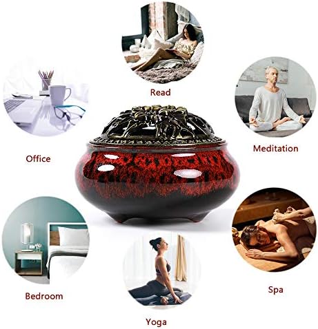 Incense Burner with Calabash Incense Stick Holder - Porcelain Charcoal Censer for Use with Resin Granular Powder Cone or Coil Incense (Fambe Red)