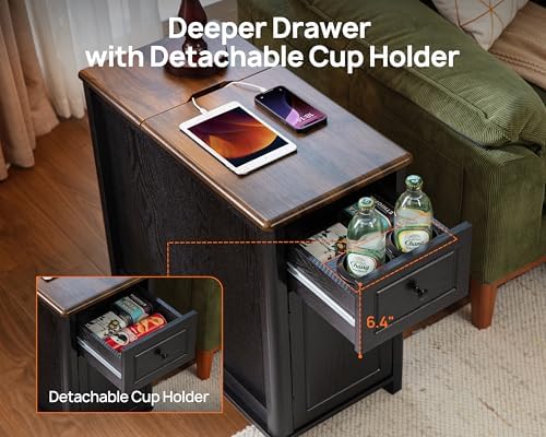 End Table with Charging Station, Side Table with Storage&Deep Drawer, Black