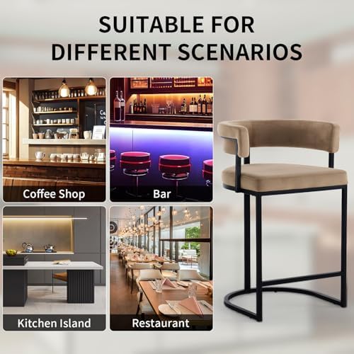 Set of 4 Brown Modern Velvet Bar Stools with Barrel Backrest, Upholstered Seat, and Black Metal Footrest – 25.6-Inch Seat Height, Ideal for Counters, Home Bars, and Kitchen Islands