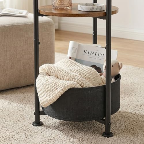 3-Tier Small Round Side Table with Storage Basket, Rustic Brown