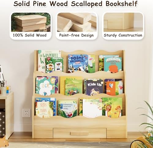 3-Tier Montessori Scalloped Kids Bookshelf with Drawer